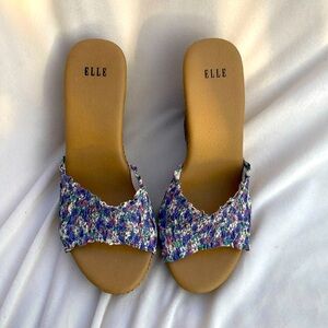ELLE brand wedges with scrunchy floral design top fabric